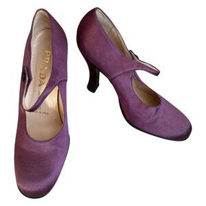 Prada Mary Jane 38 Heels Purple Satin Silk Vintage 1994